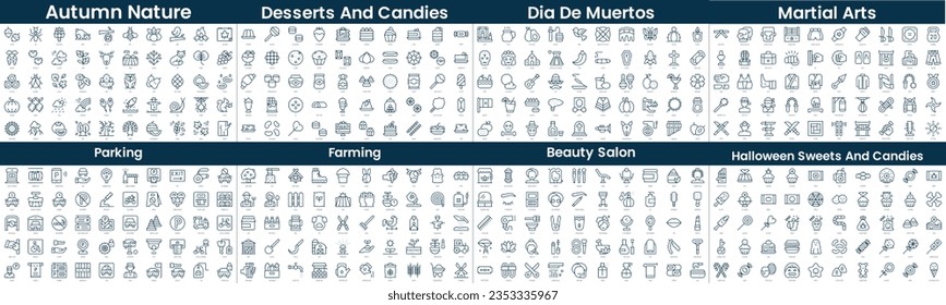 Linear Style Icons Pack. In this bundle include autumn nature, desserts and candies, dia de muertos, martial arts, parking, farming, beauty salon, halloween sweets and candies