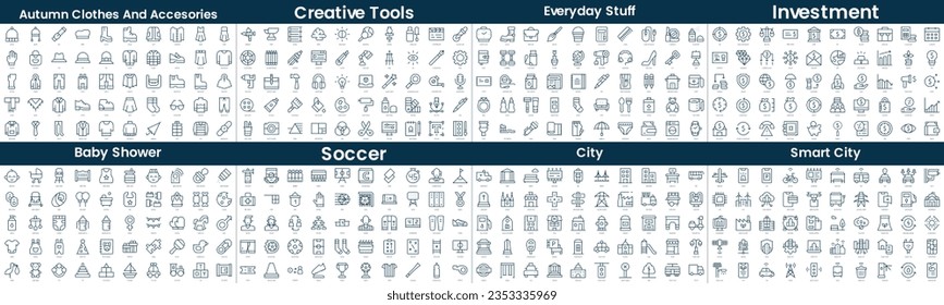 Linear Style Icons Pack. In this bundle include autumn clothes and accesories, creative tools, everyday stuff, investment, baby shower, soccer, city, smart city