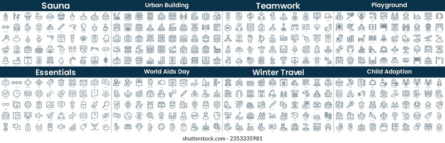 Linear Style Icons Pack. In this bundle include sauna, urban building, teamwork, playground, essentials, world aids day, winter travel, child adoption