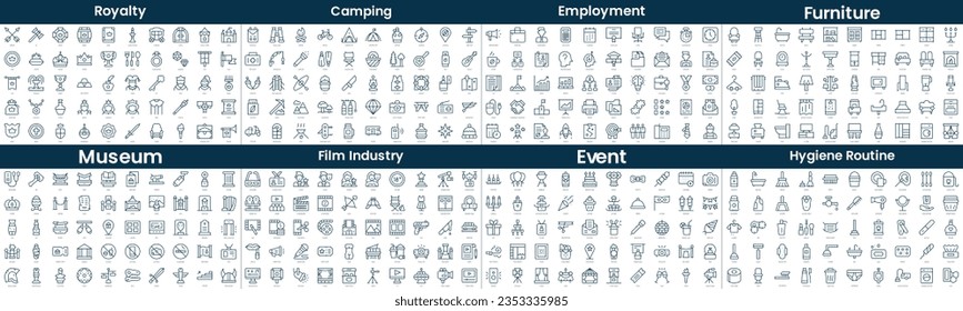 Linear Style Icons Pack. In this bundle include royalty, camping, employment, furniture, museum, film industry, event, hygiene routine