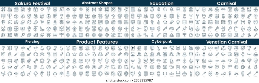 Paket mit linearen Symbolen. In diesem Paket sind Sakura Festival, abstrakte Formen, Bildung, Karneval, Piercing, Produktmerkmale, Cyberpunk, venezianischer Karneval
