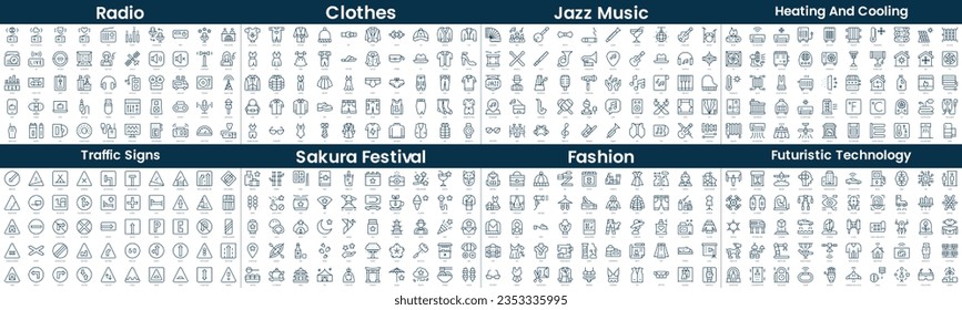 Linear Style Icons Pack. In this bundle include radio, clothes, jazz music, heating and cooling, traffic signs, sakura festival, fashion, futuristic technology