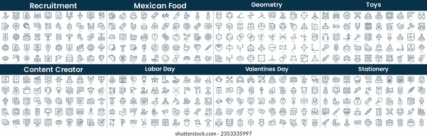 Linear Style Icons Pack. In this bundle include recruitment, mexican food, geometry, toys, content creator, labor day, valentines day, stationery