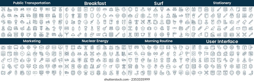 Linear Style Icons Pack. In this bundle include public transportation, breakfast, surf, stationery, marketing, nuclear energy, morning routine, user interface