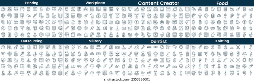 Linear Style Icons Pack. In this bundle include printing, workplace, content creator, food, outsourcing, military, dentist, knitting