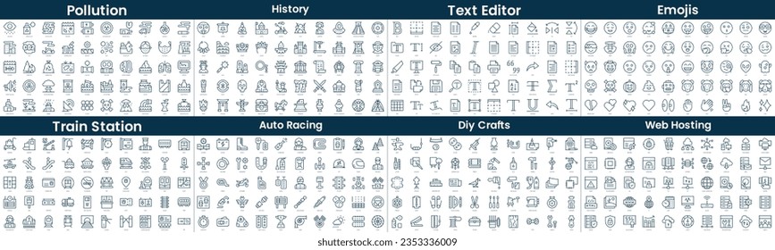 Linear Style Icons Pack. In this bundle include pollution, history, text editor, emojis, train station, auto racing, diy crafts, web hosting