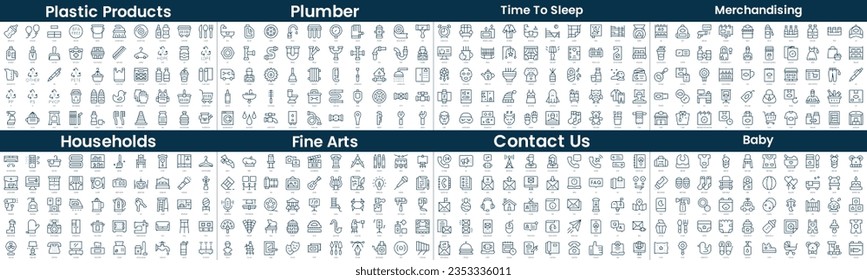 Linear Style Icons Pack. In this bundle include plastic products, plumber, time to sleep, merchandising, households, fine arts, contact us, baby