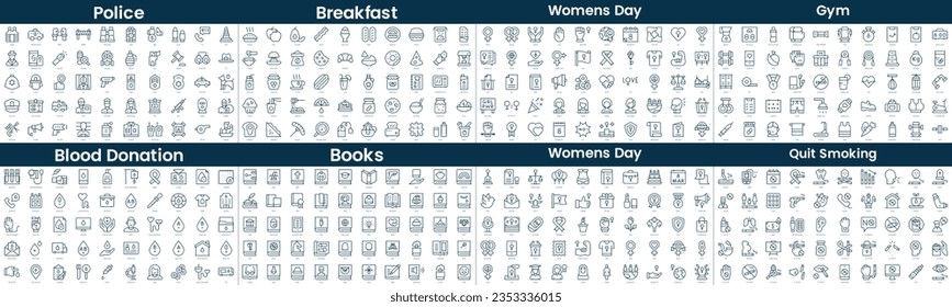 Linear Style Icons Pack. In this bundle include police, breakfast, womens day, gym, blood donation, books, womens day, quit smoking