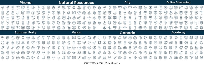 Linear Style Icons Pack. In this bundle include phone, natural resources, city, online streaming, summer party, vegan, canada, academy