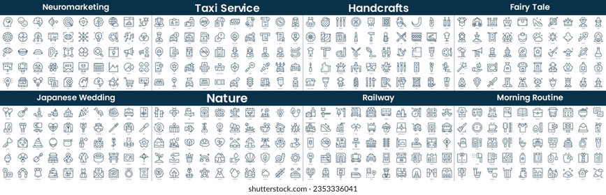 Linear Style Icons Pack. In this bundle include neuromarketing, taxi service, handcrafts, fairy tale, japanese wedding, nature, railway, morning routine