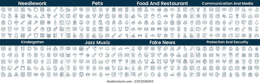 Linear Style Icons Pack. In this bundle include needlework, pets, food and restaurant, communication and media, kindergarten, jazz music, fake news, protection and security