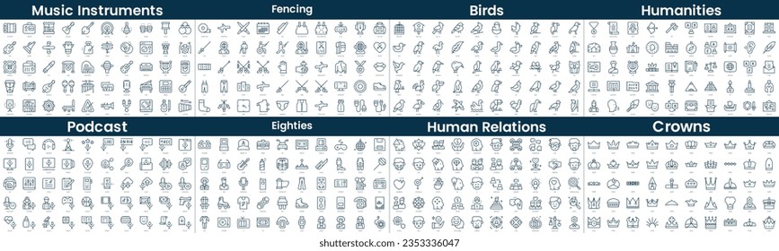 Paket mit linearen Symbolen. In diesem Paket sind Musikinstrumente, Fechten, Vögel, Geisteswissenschaften, Podcast, 80er, menschliche Beziehungen, Kronen