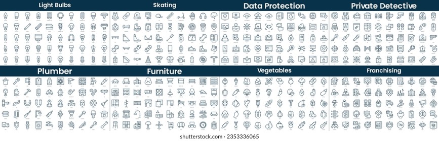 Linear Style Icons Pack. In this bundle include light bulbs, skating, data protection, private detective, plumber, furniture, vegetables, franchising