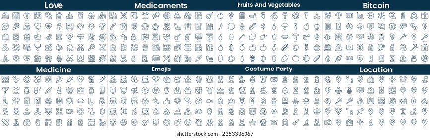 Linear Style Icons Pack. In this bundle include love, medicaments, fruits and vegetables, bitcoin, emojis, medicine, costume party, location