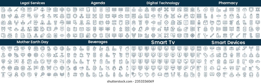 Linear Style Icons Pack. In this bundle include legal services, agenda, digital technology, pharmacy, mother earth day, beverages, smart tv, smart devices