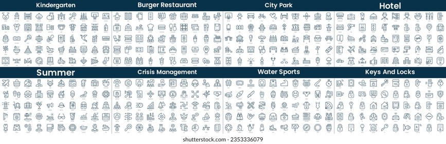 Paquete de iconos de estilo lineal. En este paquete se incluye kindergarten, restaurante hamburguesa, parque de la ciudad, hotel, verano, gestión de crisis, deportes acuáticos, llaves y cerraduras