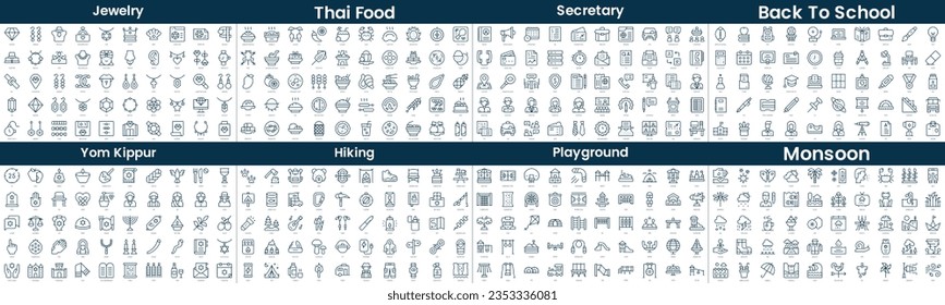 Linear Style Icons Pack. In this bundle include jewelry, thai food, secretary, back to school, yom kippur, hiking, playground, monsoon