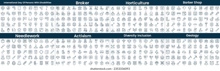 Paket mit linearen Symbolen. In diesem Paket enthalten sind internationale Tag Menschen mit Behinderungen, Broker, Gartenbau, Friseur-Shop, Nadeln, Aktivismus, Diversität Integration, Geologie