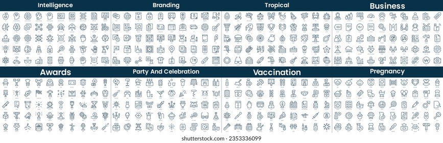 Linear Style Icons Pack. In this bundle include intelligence, branding, tropical, business, awards, party and celebration, vaccination, pregnancy