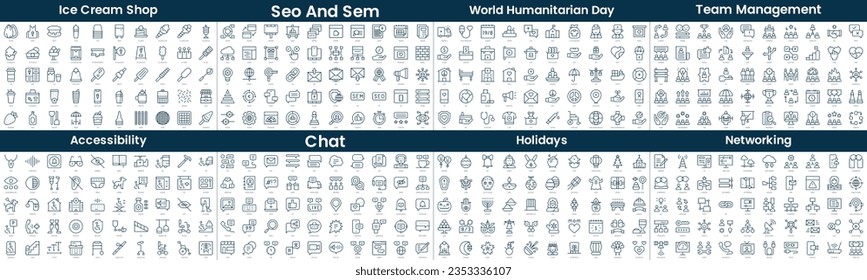 Linear Style Icons Pack. In this bundle include ice cream shop, seo and sem, world humanitarian day, team management, accessibility, chat, holidays, networking