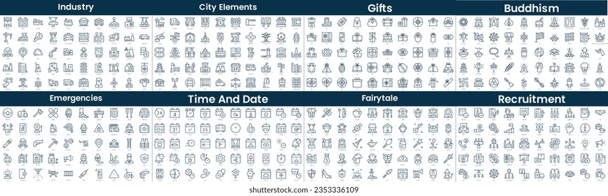 Paket mit linearen Symbolen. In diesem Paket sind Industrie, Stadtteile, Geschenke, Buddhismus, Notfälle, Zeit und Datum, Märchen, Rekrutierung