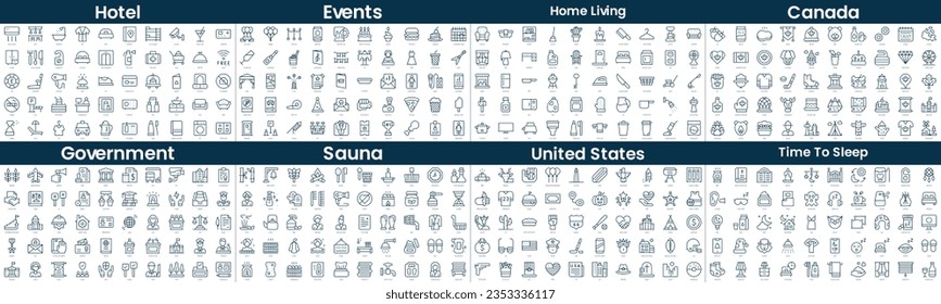 Paquete de iconos de estilo lineal. En este paquete se incluyen hotel, eventos, hogar vivo, canadá, gobierno, sauna, estados unidos, tiempo para dormir