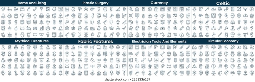 Linear Style Icons Pack. In this bundle include home and living, plastic surgery, currency, celtic, mythical creatures, fabric features, electrician tools and elements, circular economy