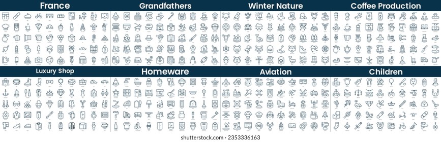 Paquete de iconos de estilo lineal. En este paquete se incluyen francia, abuelos, naturaleza de invierno, producción de café, tienda de lujo, homeware, aviación, niños