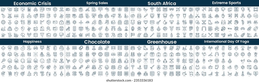 Paquete de iconos de estilo lineal. En este paquete se incluye la crisis económica, las ventas de primavera, sudáfrica, deportes extremos, felicidad, chocolate, invernadero, día internacional del yoga