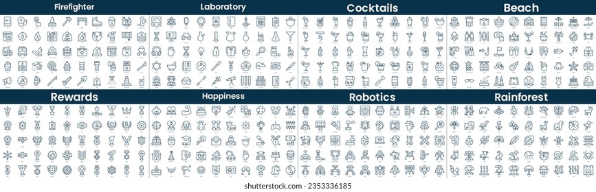 Linear Style Icons Pack. In this bundle include firefighter, laboratory, cocktails, beach, rewards, happiness, robotics, rainforest