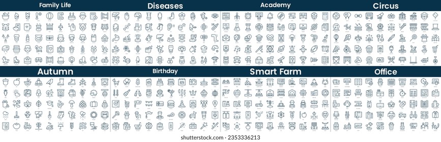 Paquete de iconos de estilo lineal. En este paquete se incluye la vida familiar, las enfermedades, la academia, el circo, el otoño, el cumpleaños, la granja inteligente, la oficina