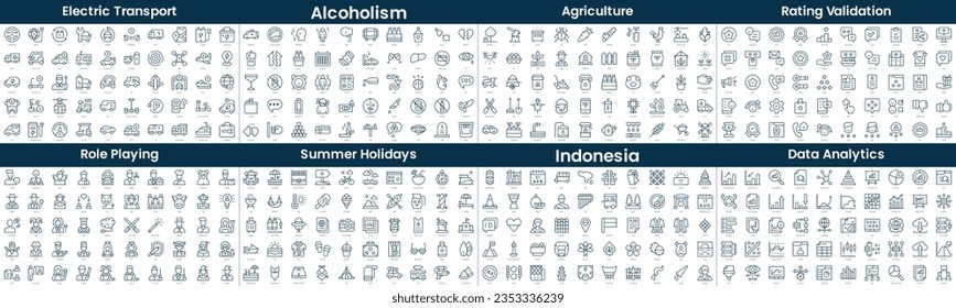 Linear Style Icons Pack. In this bundle include electric transport, alcoholism, agriculture, rating validation, role playing, summer holidays, indonesia, data analytics