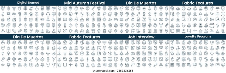 Linear Style Icons Pack. In this bundle include digital nomad, mid autumn festival, dia de muertos, fabric features, dia de muertos, fabric features, job interview, loyalty program