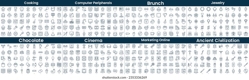 Linear Style Icons Pack. In this bundle include cooking, computer peripherals, brunch, jewelry, chocolate, cinema, marketing online, ancient civilization
