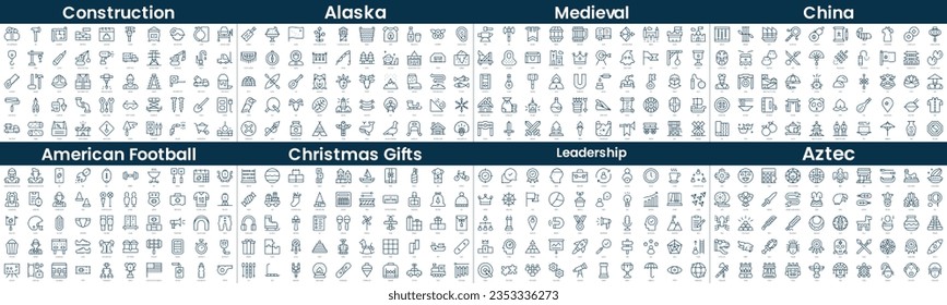 Linear Style Icons Pack. In this bundle include construction, alaska, medieval, china, american football, christmas gifts, leadership, aztec