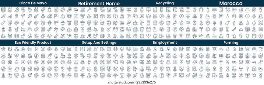 Linear Style Icons Pack. In this bundle include cinco de mayo, retirement home, recycling, morocco, eco friendly product, setup and settings, employment, farming