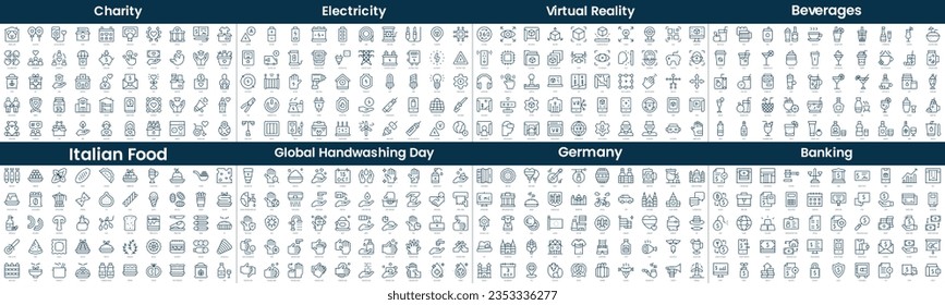 Linear Style Icons Pack. In this bundle include charity, electricity, virtual reality, beverages, italian food, global handwashing day, germany, banking