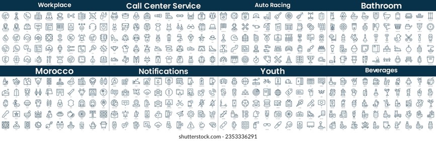 Linear Style Icons Pack. In this bundle include call center service, fashion, auto racing, bathroom, morocco, notifications, youth, beverages