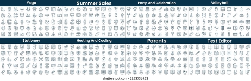 Linear Style Icons Pack. In this bundle include yoga, summer sales, party and celebration, volleyball, stationery, heating and cooling, parents, text editor