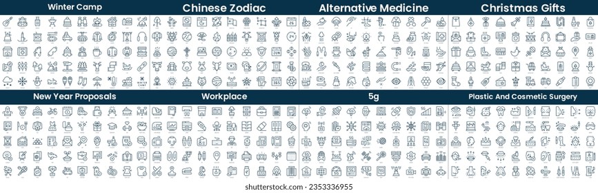Paquete de iconos de estilo lineal. En este paquete se incluyen campamento de invierno, zodiac chino, medicina alternativa, regalos de navidad, propuestas de año nuevo, lugar de trabajo, 5g, cirugía plástica y cosmética