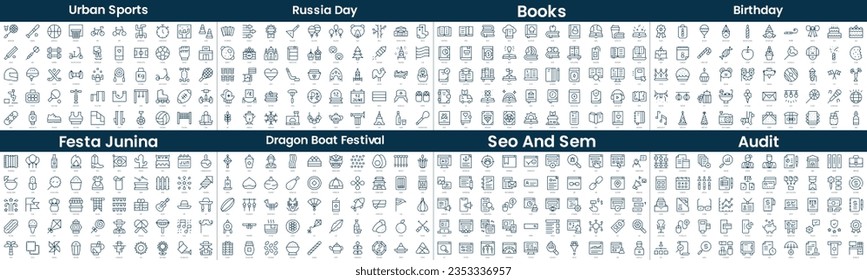 Linear Style Icons Pack. In this bundle include urban sports, russia day, books, birthday, festa junina, dragon boat festival, seo and sem, audit