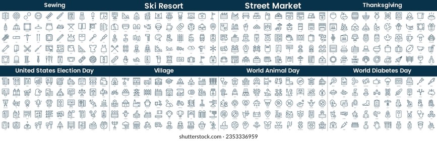 Linear Style Icons Pack. In this bundle include sewing, ski resort, street market, thanksgiving, united states election day, village, world animal day, world diabetes day
