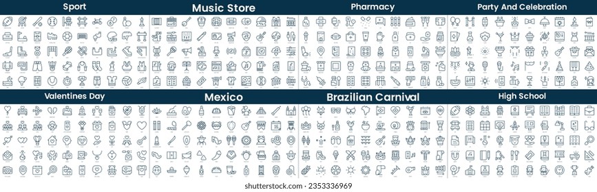 Linear Style Icons Pack. In this bundle include sport, music store, pharmacy, party and celebration, valentines day, mexico, high school, brazilian carnival