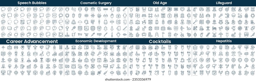 Linear Style Icons Pack. In this bundle include speech bubbles, cosmetic surgery, old age, lifeguard, career advancement, economic development, cocktails, hepatitis