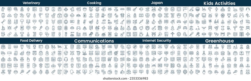 Linear Style Icons Pack. In this bundle include veterinary, cooking, japan, kids activities, food delivery, communications, internet security, greenhouse