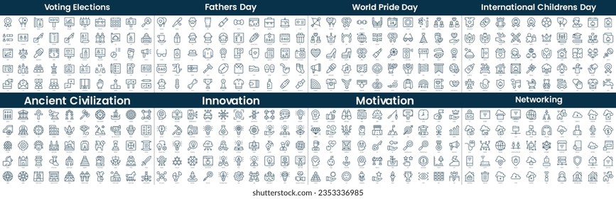 Linear Style Icons Pack. In this bundle include voting elections, fathers day, world pride day, international childrens day, ancient civilization, innovation, motivation, networking