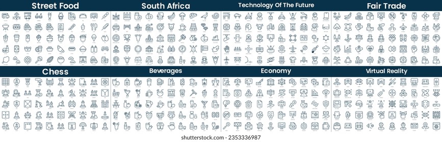 Linear Style Icons Pack. In this bundle include street food, south africa, technology of the future, fair trade, chess, beverages, economy, virtual reality