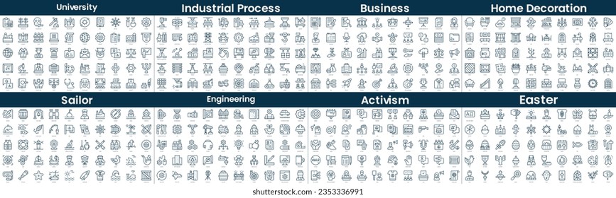 Linear Style Icons Pack. In this bundle include university, industrial process, business, home decoration, sailor, engineering, activism, easter