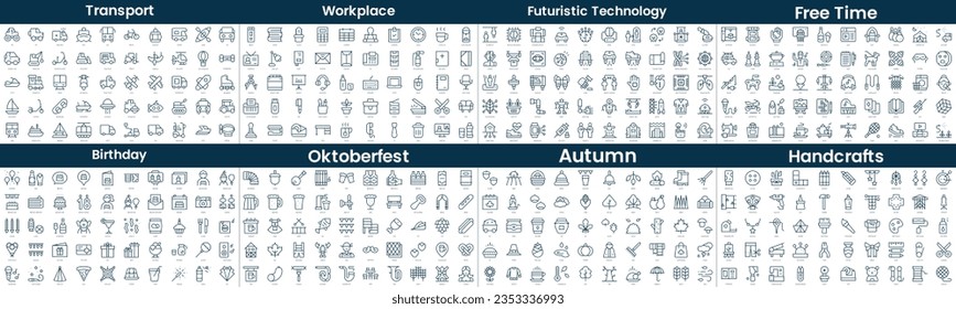 Linear Style Icons Pack. In this bundle include transport, workplace, futuristic technology, free time, birthday, oktoberfest, autumn, handcrafts