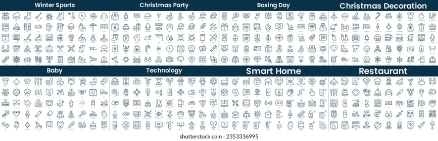 Linear Style Icons Pack. In this bundle include winter sports, christmas party, boxing day, christmas decoration, baby, technology, smart home, restaurant